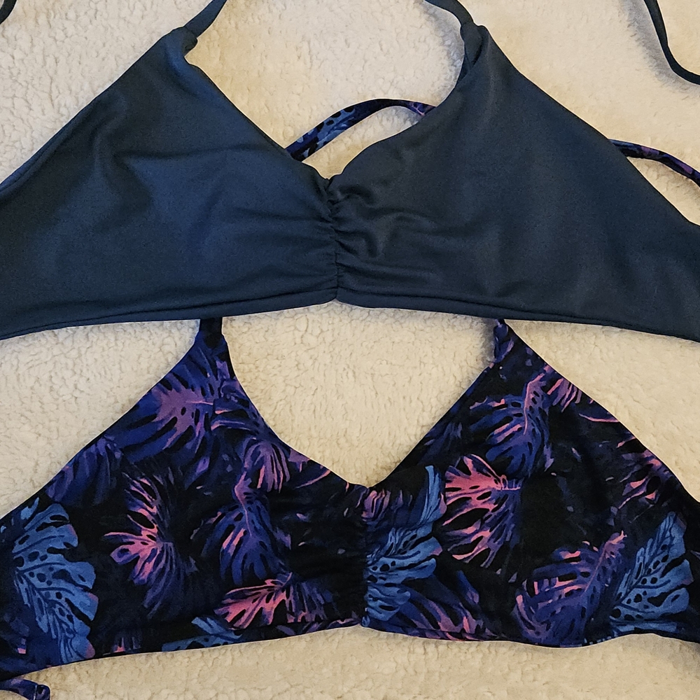 Tropical Print and Solid Blue/green Bikini Top